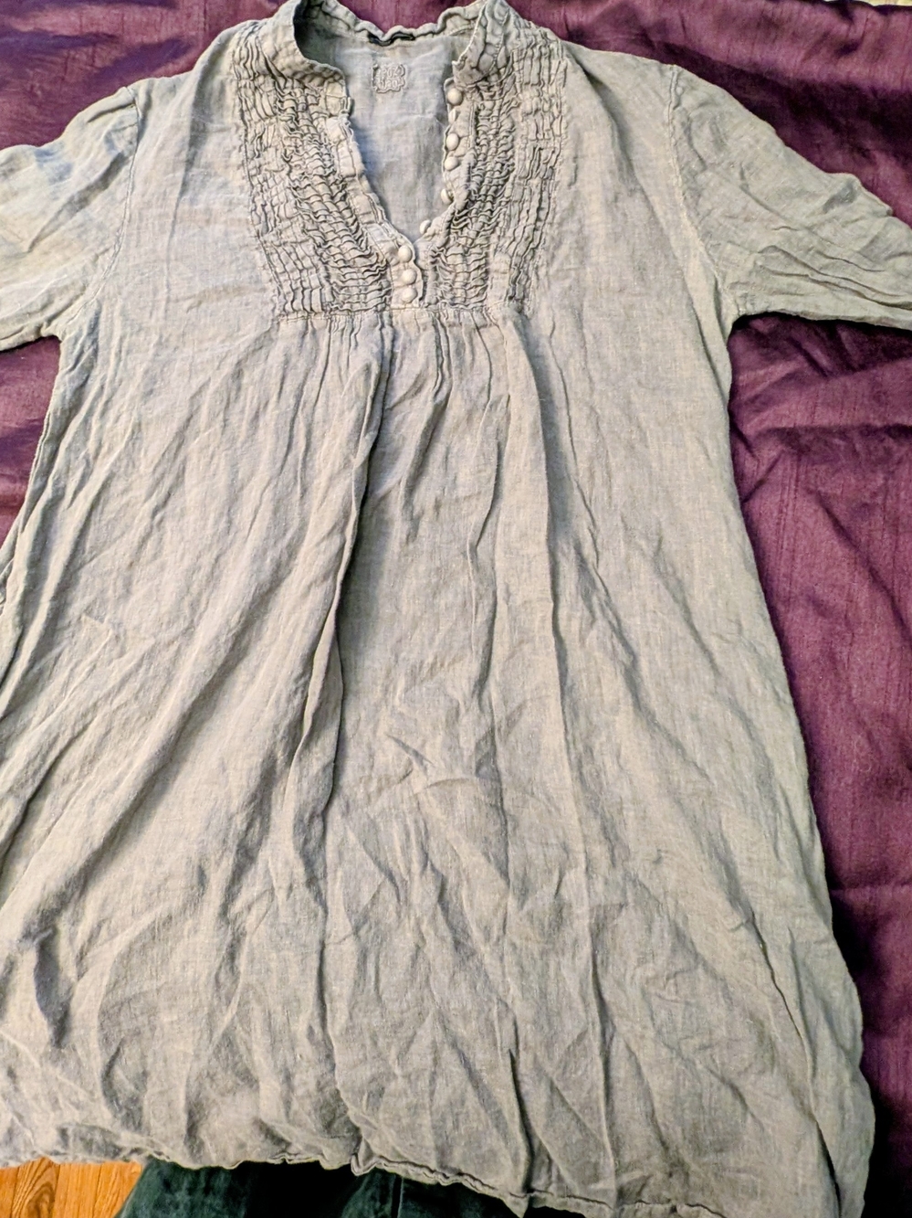 120% Lino Linen Ruffle Bib Tunic Gray Taupe Size 42 Made in Italy